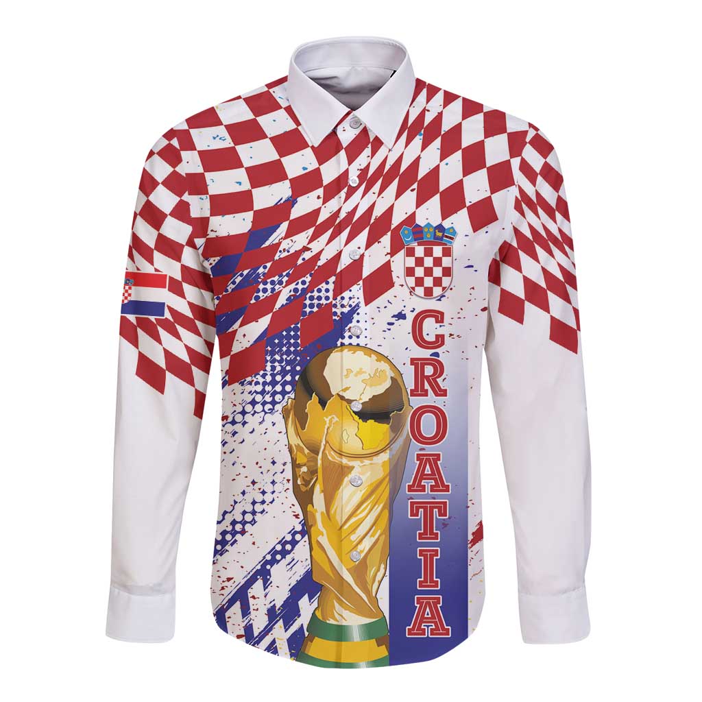 Croatia Football Custom WC2026 White Long Sleeve Button Shirt Hrvatska Grunge Checkerboard - Wonder Print Shop