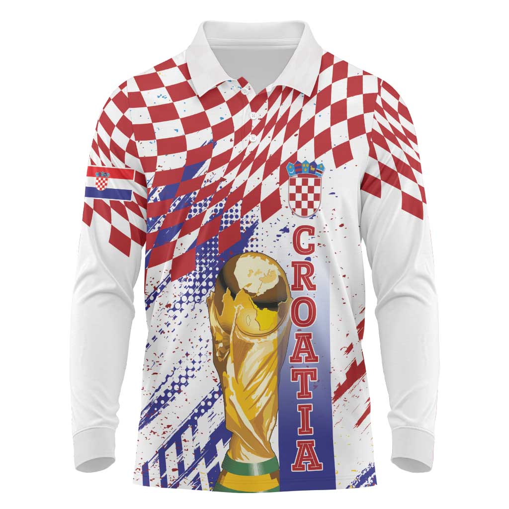 Croatia Football Custom WC2026 White Long Sleeve Polo Shirt Hrvatska Grunge Checkerboard - Wonder Print Shop