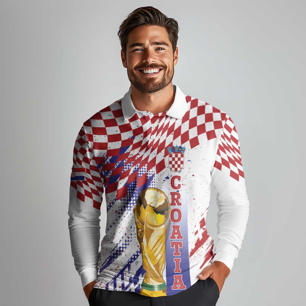 Croatia Football Custom WC2026 White Long Sleeve Polo Shirt Hrvatska Grunge Checkerboard - Wonder Print Shop