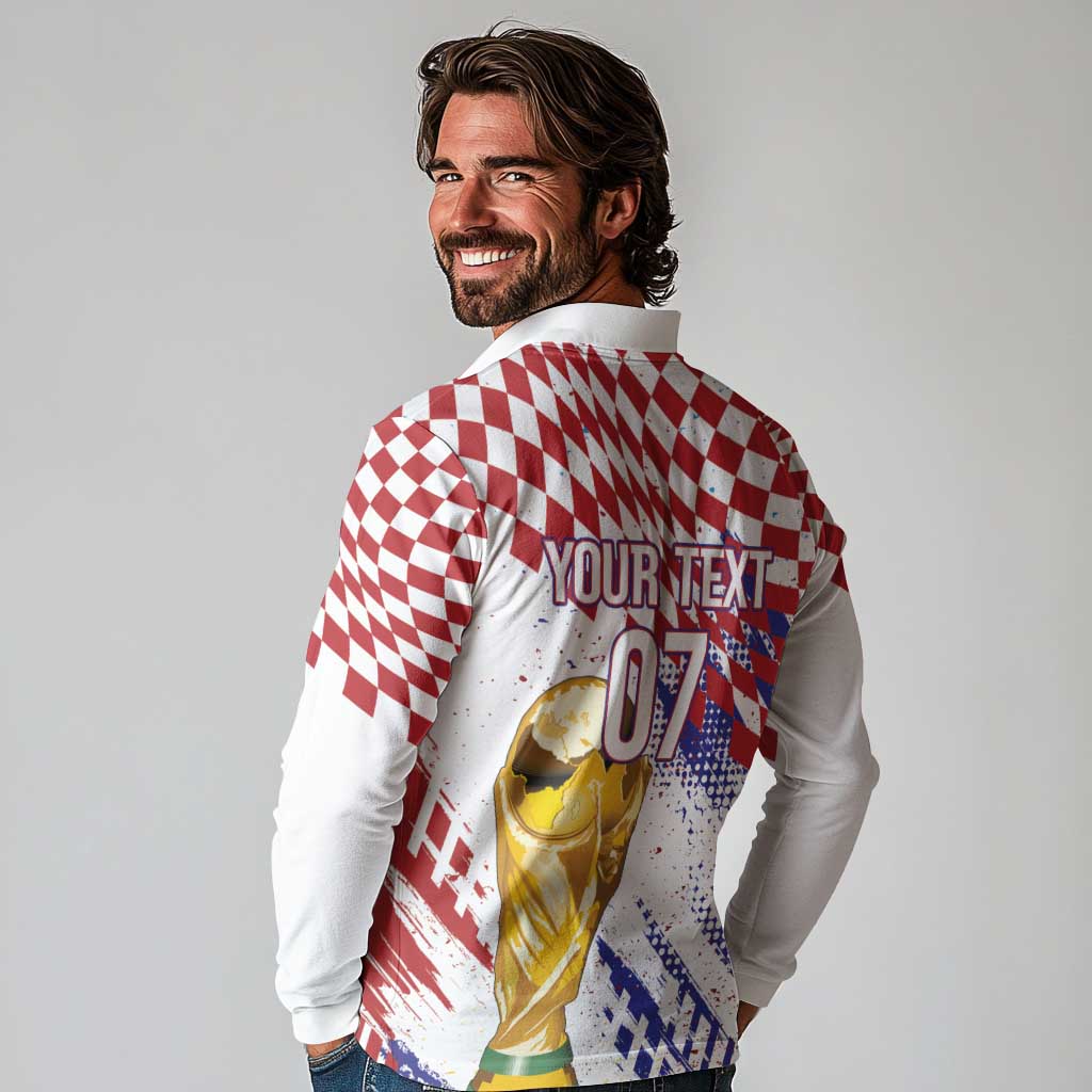 Croatia Football Custom WC2026 White Long Sleeve Polo Shirt Hrvatska Grunge Checkerboard - Wonder Print Shop