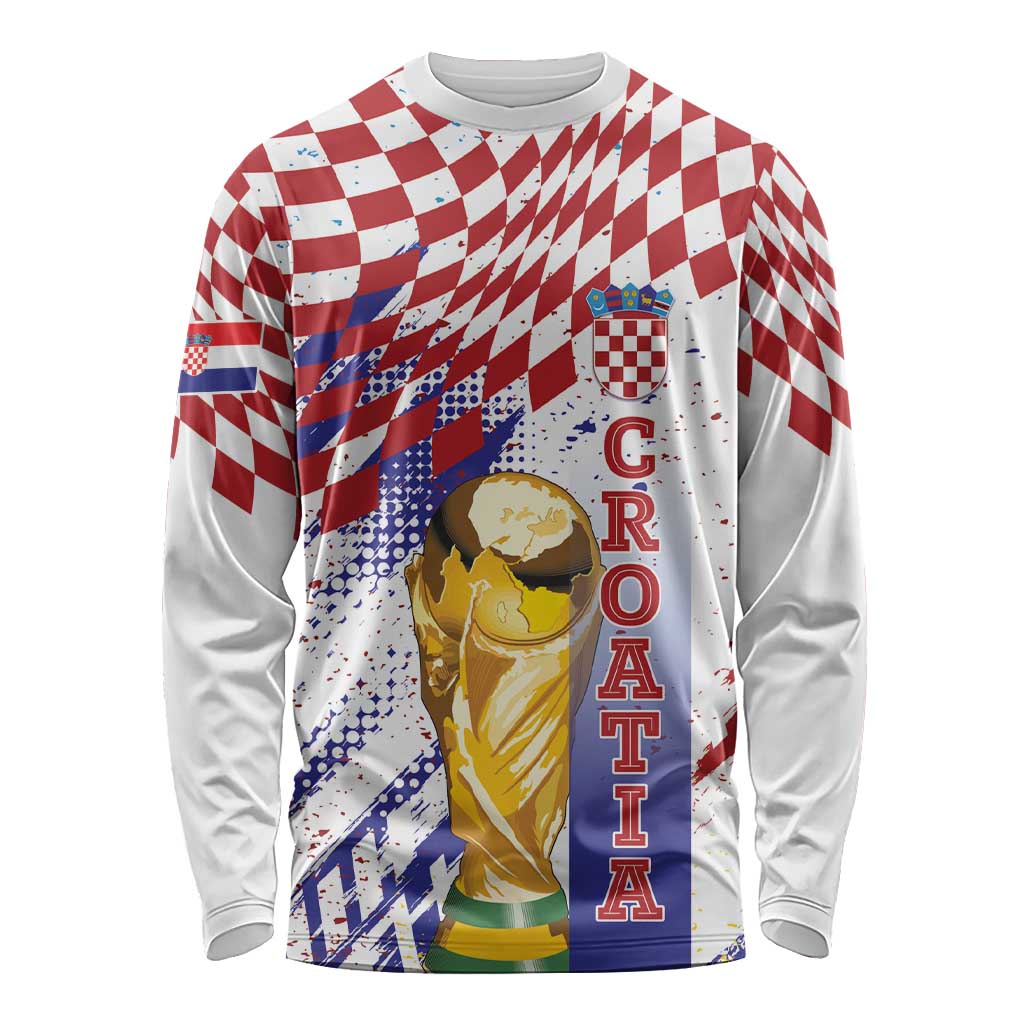 Croatia Football Custom WC2026 White Long Sleeve Shirt Hrvatska Grunge Checkerboard - Wonder Print Shop