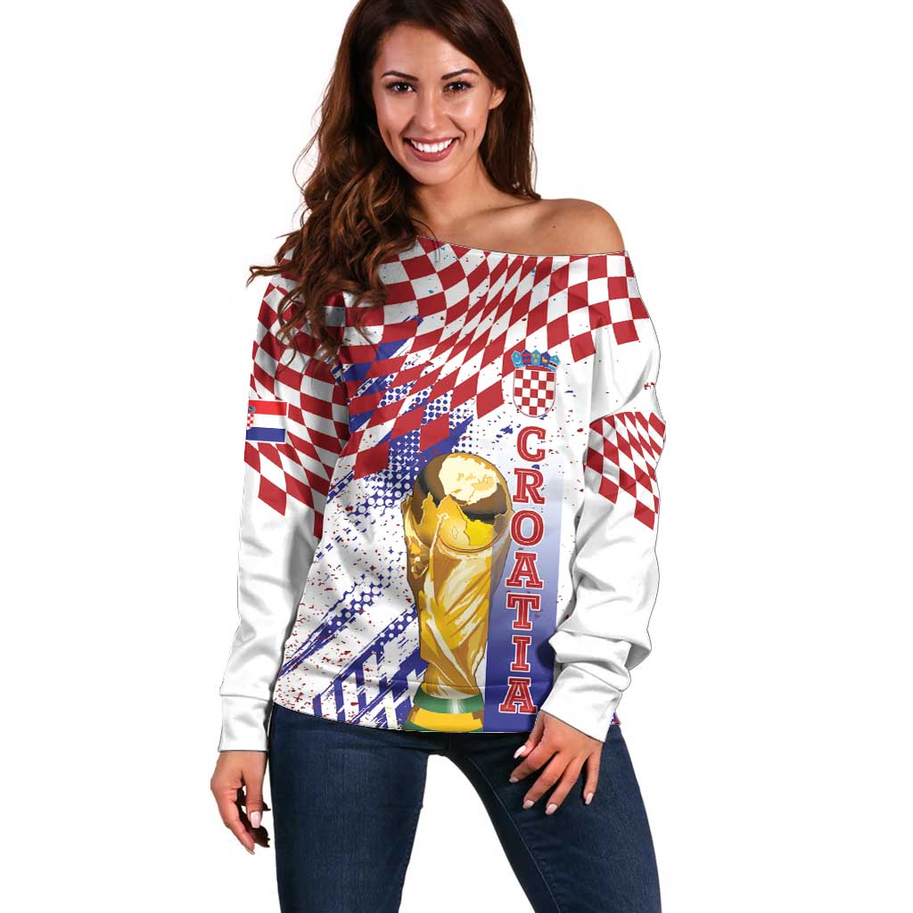 Croatia Football Custom WC2026 White Off Shoulder Sweater Hrvatska Grunge Checkerboard - Wonder Print Shop