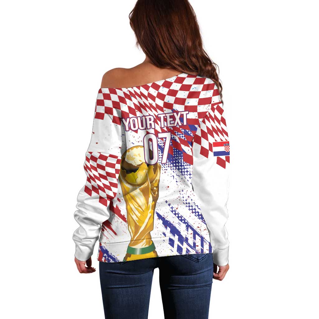 Croatia Football Custom WC2026 White Off Shoulder Sweater Hrvatska Grunge Checkerboard - Wonder Print Shop