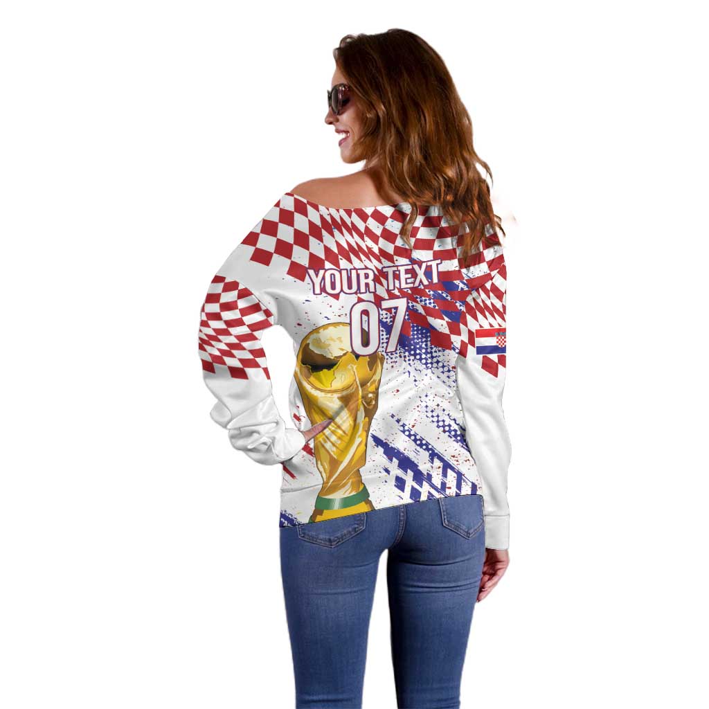 Croatia Football Custom WC2026 White Off Shoulder Sweater Hrvatska Grunge Checkerboard - Wonder Print Shop