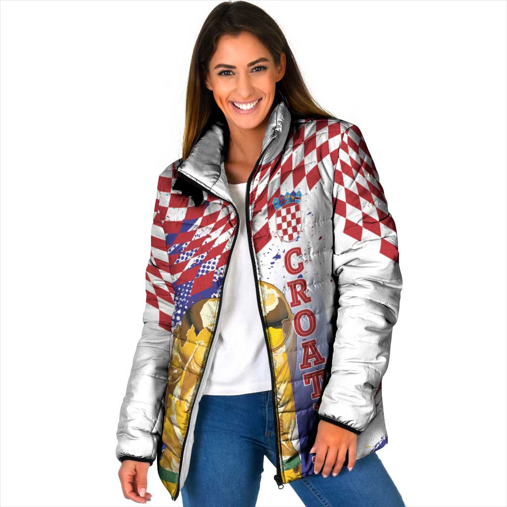 Croatia Football Custom WC2026 White Padded Jacket Hrvatska Grunge Checkerboard - Wonder Print Shop