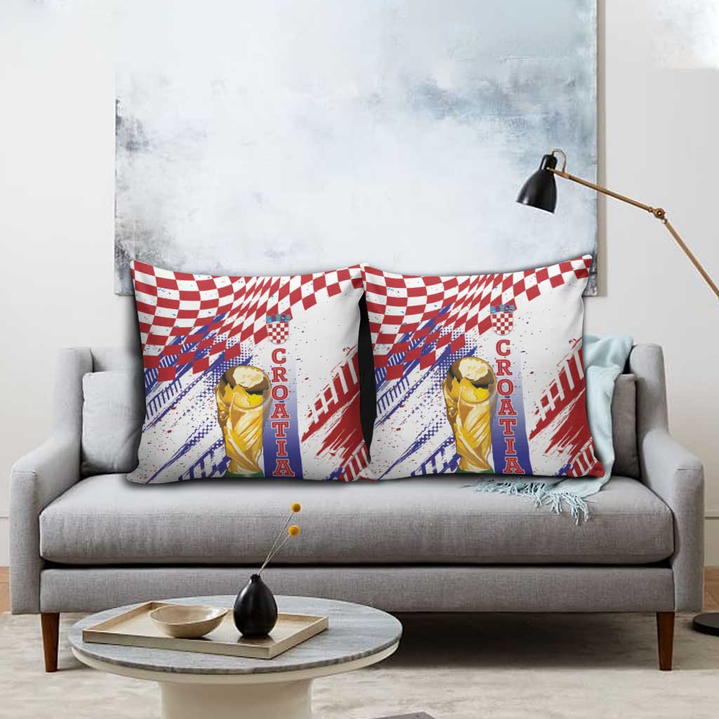 Croatia Football WC2026 White Pillow Cover Hrvatska Grunge Checkerboard - Wonder Print Shop