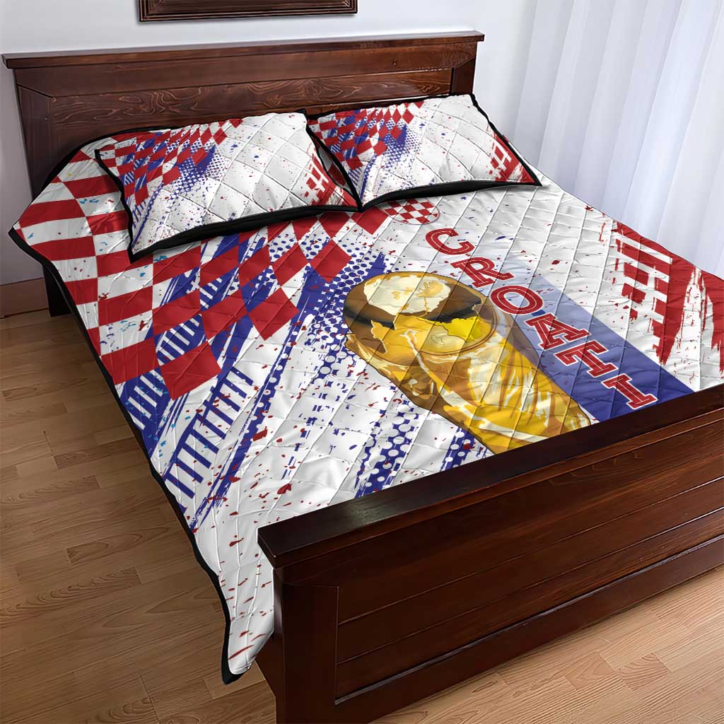 Croatia Football WC2026 White Quilt Bed Set Hrvatska Grunge Checkerboard - Wonder Print Shop