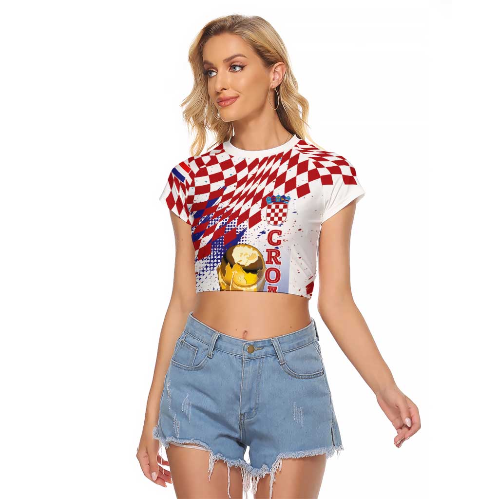 Croatia Football Custom WC2026 White Raglan Cropped T Shirt Hrvatska Grunge Checkerboard - Wonder Print Shop