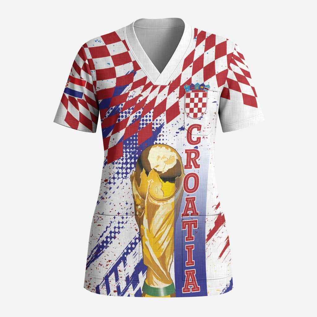 Croatia Football Custom WC2026 White Scrub Top Hrvatska Grunge Checkerboard - Wonder Print Shop