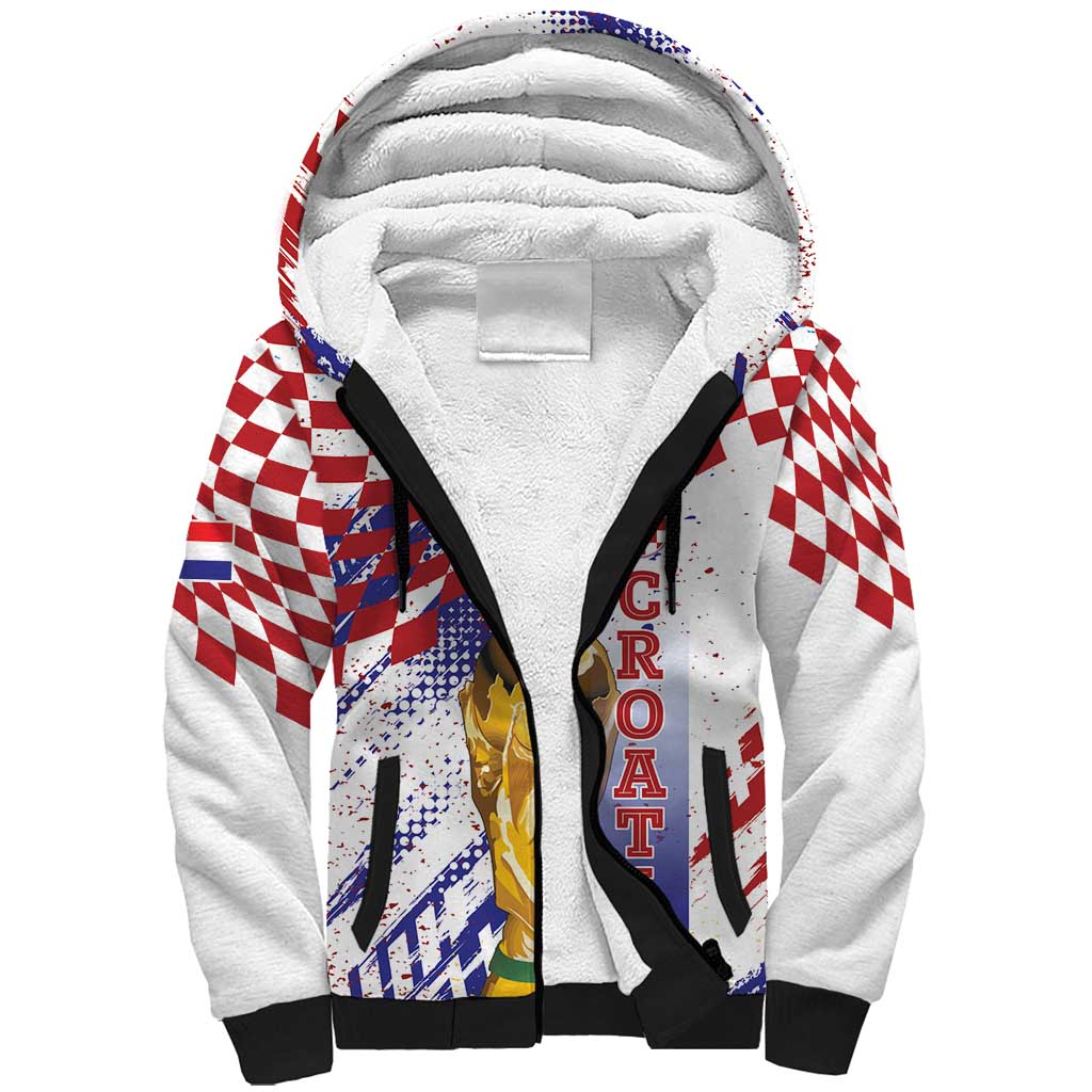 Croatia Football Custom WC2026 White Sherpa Hoodie Hrvatska Grunge Checkerboard - Wonder Print Shop