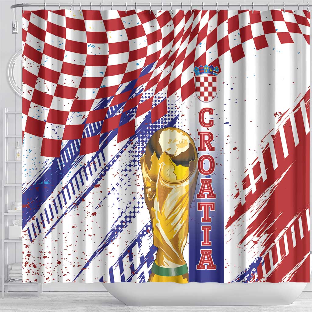 Croatia Football WC2026 White Shower Curtain Hrvatska Grunge Checkerboard - Wonder Print Shop