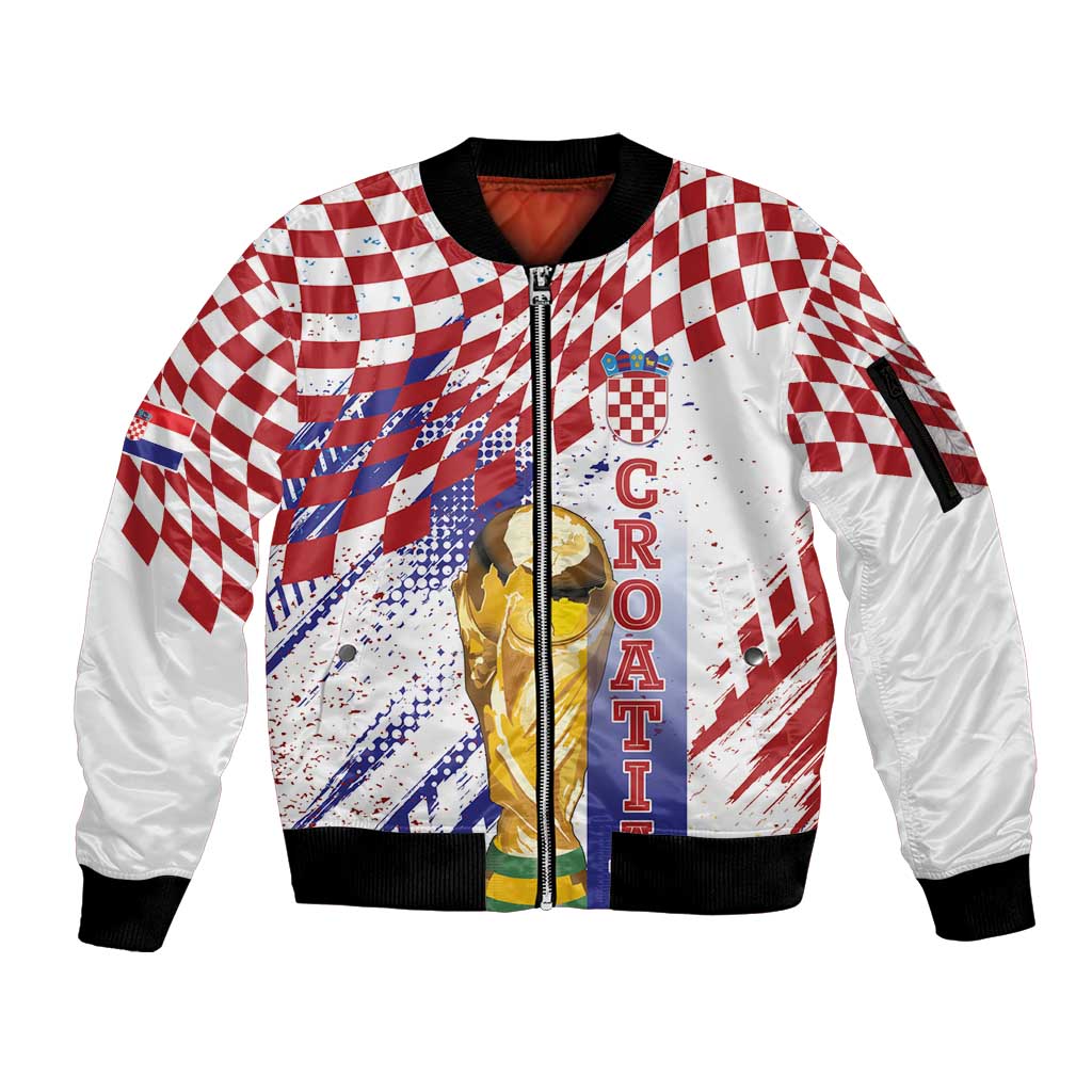 Croatia Football Custom WC2026 White Sleeve Zip Bomber Jacket Hrvatska Grunge Checkerboard - Wonder Print Shop