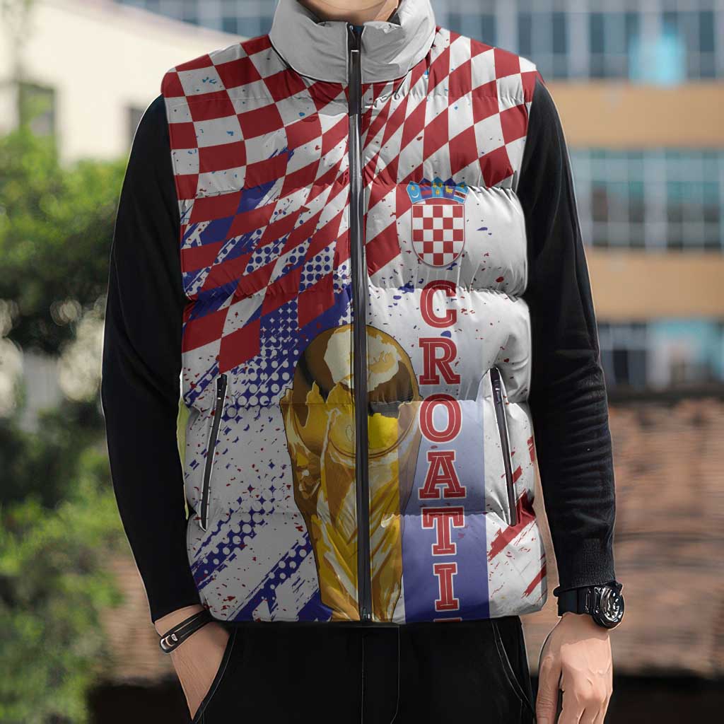Croatia Football Custom WC2026 White Sleeveless Puffer Jacket Hrvatska Grunge Checkerboard - Wonder Print Shop