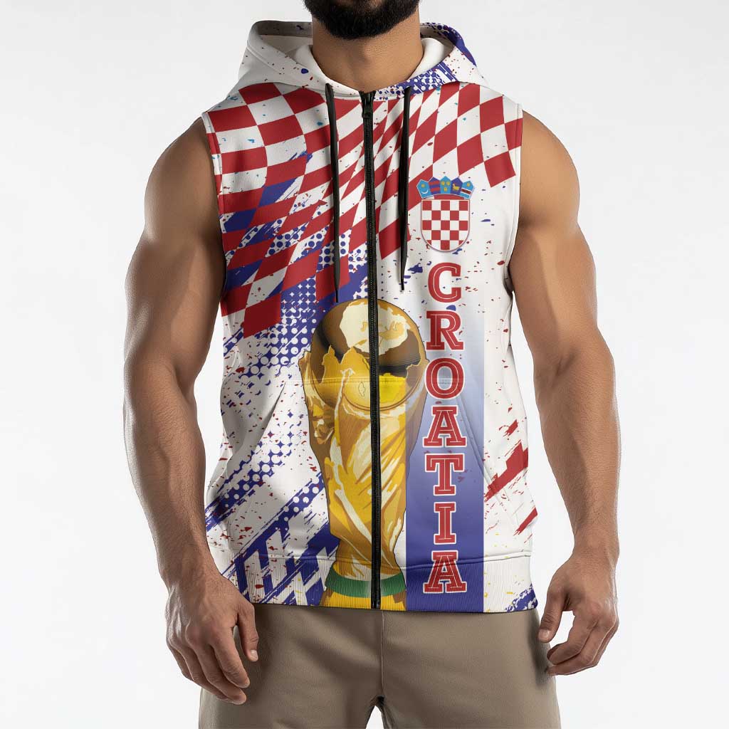 Croatia Football Custom WC2026 White Sleeveless Zip Hoodie Hrvatska Grunge Checkerboard - Wonder Print Shop