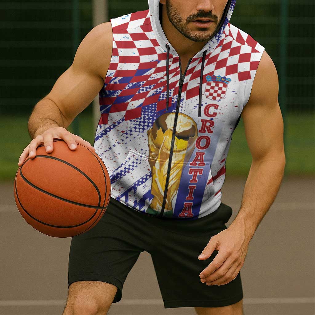 Croatia Football Custom WC2026 White Sleeveless Zip Hoodie Hrvatska Grunge Checkerboard - Wonder Print Shop