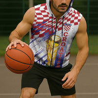 Croatia Football Custom WC2026 White Sleeveless Zip Hoodie Hrvatska Grunge Checkerboard - Wonder Print Shop