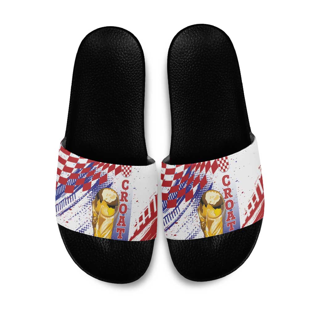 Croatia Football WC2026 White Slide Sandals Hrvatska Grunge Checkerboard - Wonder Print Shop