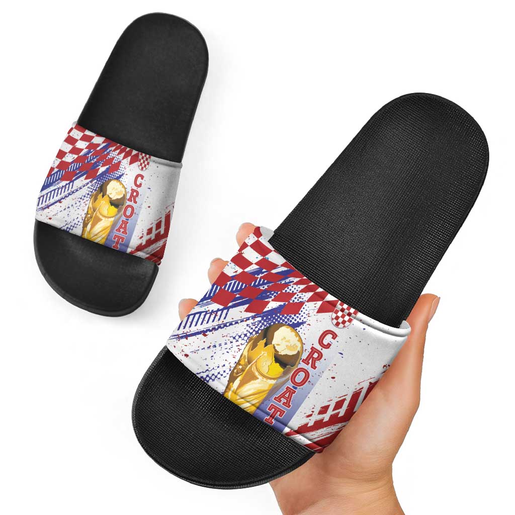 Croatia Football WC2026 White Slide Sandals Hrvatska Grunge Checkerboard - Wonder Print Shop