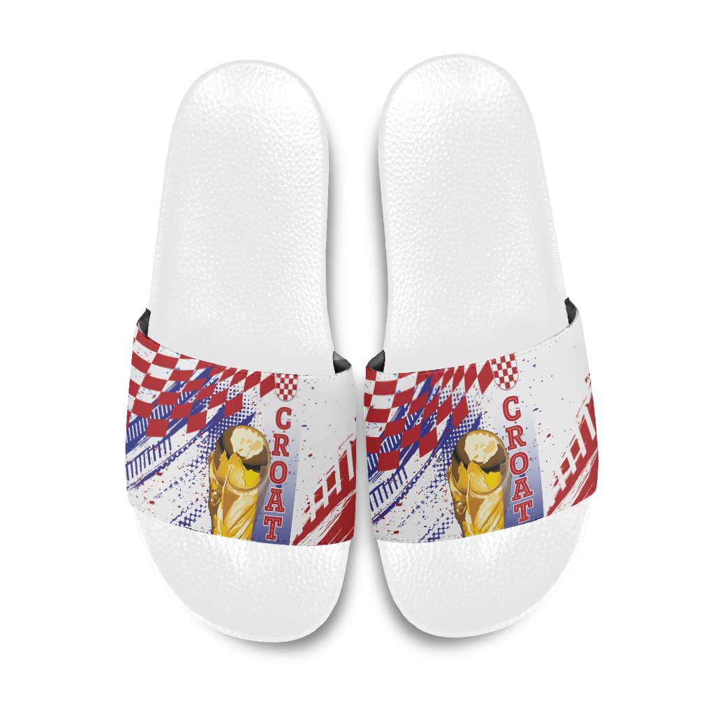 Croatia Football WC2026 White Slide Sandals Hrvatska Grunge Checkerboard - Wonder Print Shop