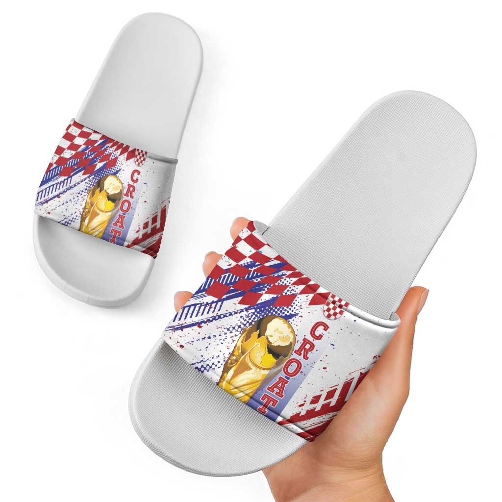 Croatia Football WC2026 White Slide Sandals Hrvatska Grunge Checkerboard - Wonder Print Shop