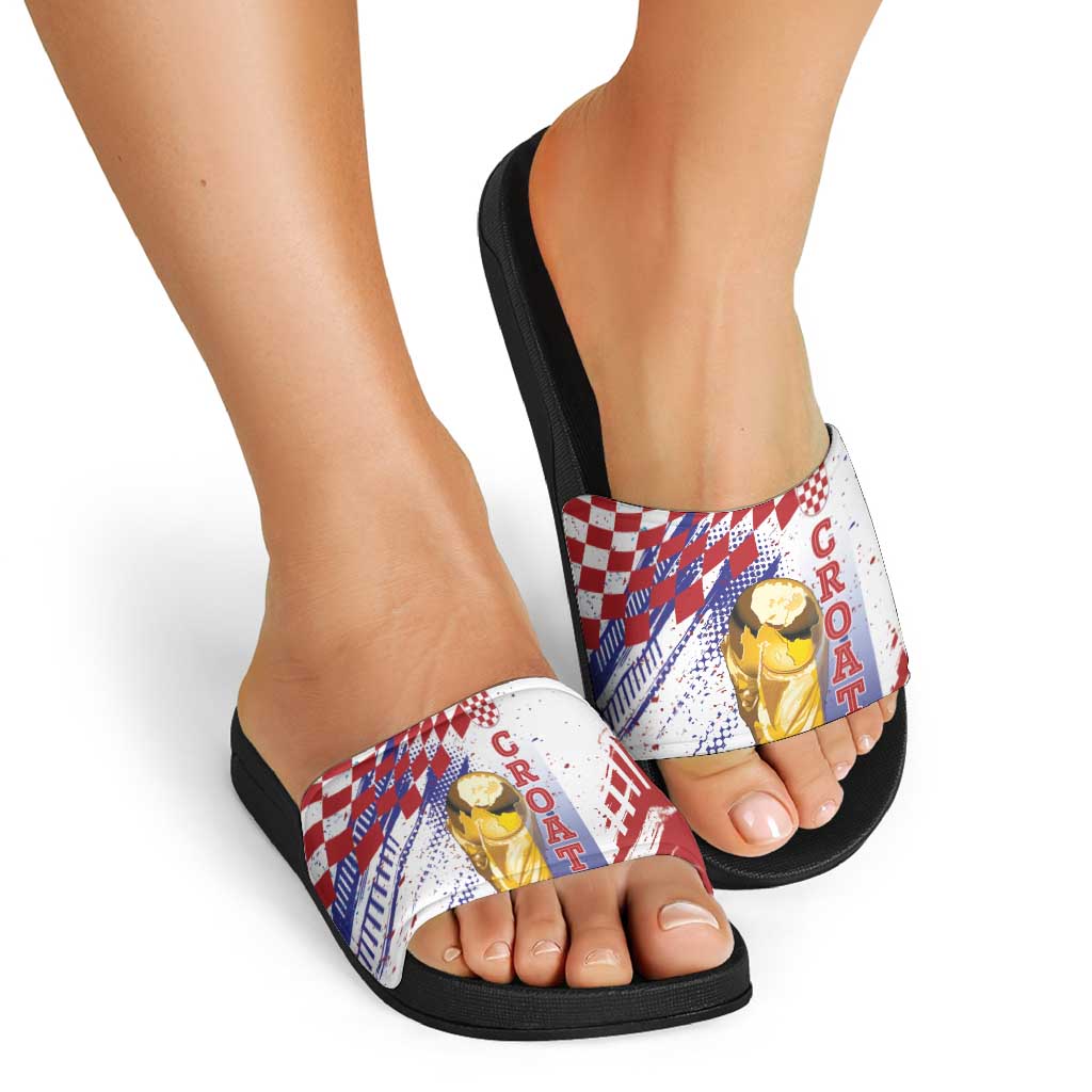 Croatia Football WC2026 White Slide Sandals Hrvatska Grunge Checkerboard - Wonder Print Shop