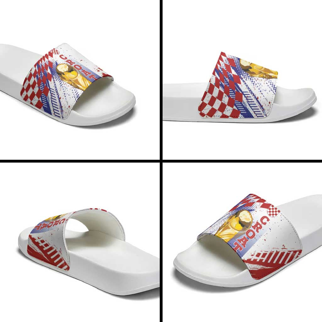 Croatia Football WC2026 White Slide Sandals Hrvatska Grunge Checkerboard - Wonder Print Shop