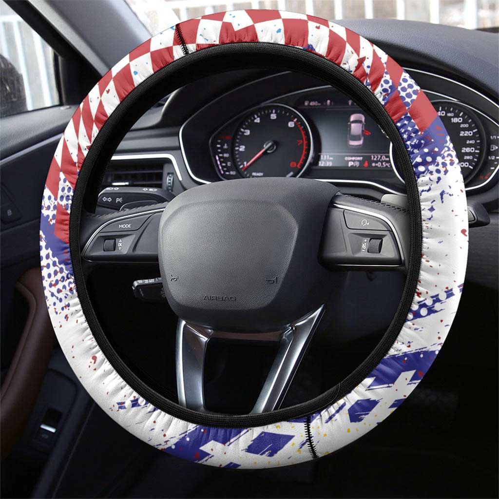 Croatia Football WC2026 White Steering Wheel Cover Hrvatska Grunge Checkerboard - Wonder Print Shop
