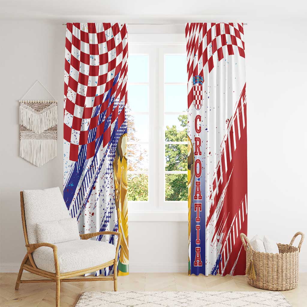 Croatia Football WC2026 White Window Curtain Hrvatska Grunge Checkerboard - Wonder Print Shop