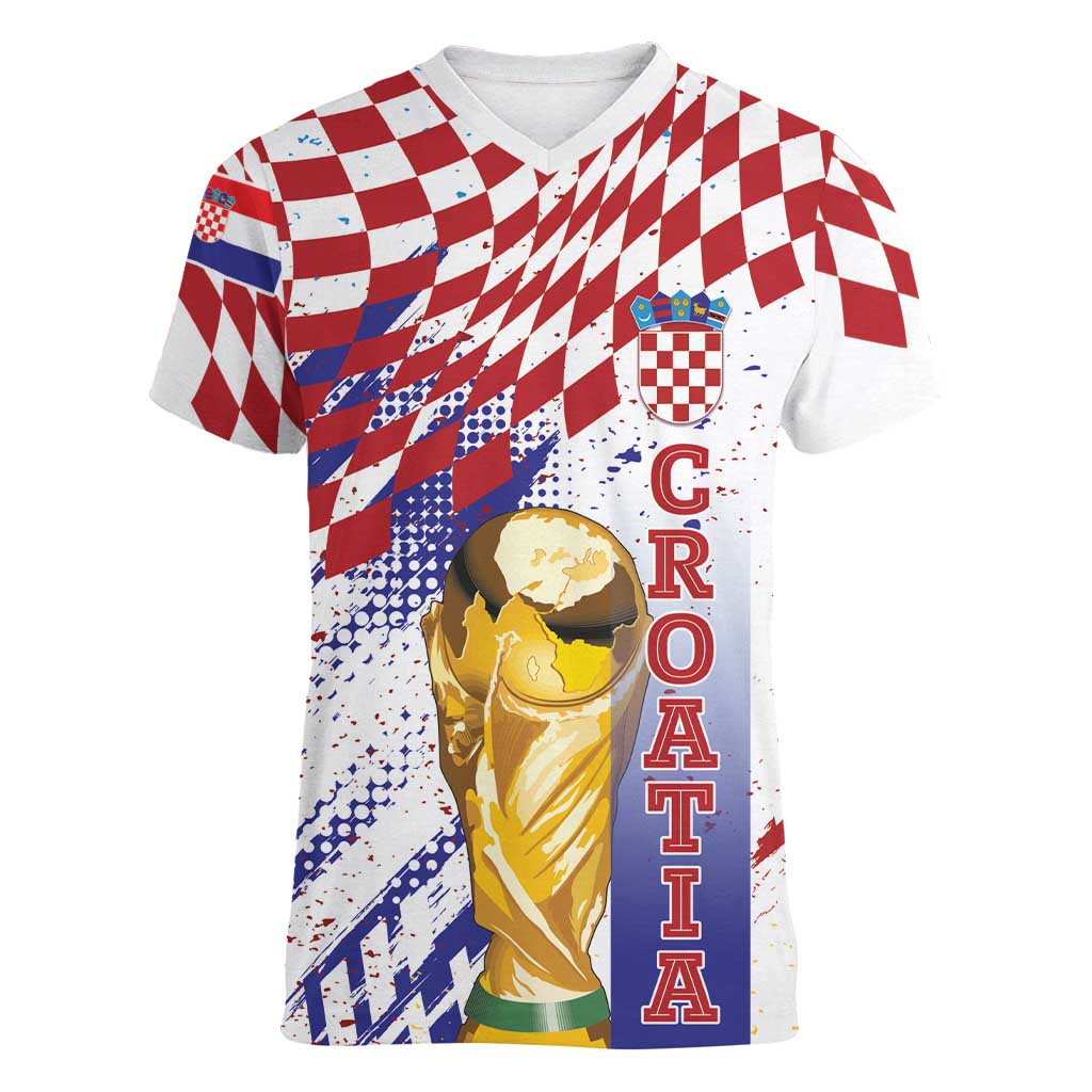 Croatia Football Custom WC2026 White Women V-Neck T-Shirt Hrvatska Grunge Checkerboard - Wonder Print Shop
