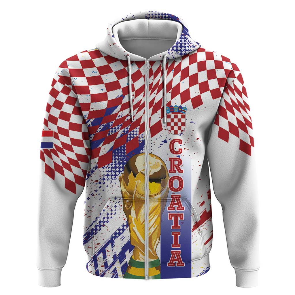 Croatia Football Custom WC2026 White Zip Hoodie Hrvatska Grunge Checkerboard - Wonder Print Shop