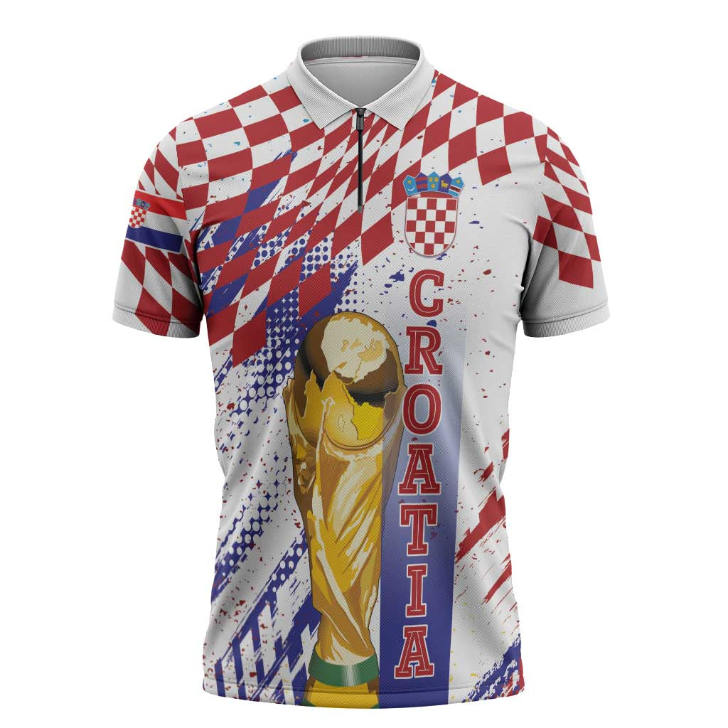 Croatia Football Custom WC2026 White Zipper Polo Shirt Hrvatska Grunge Checkerboard - Wonder Print Shop