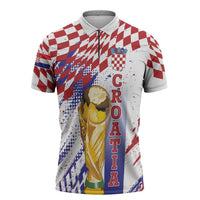 Croatia Football Custom WC2026 White Zipper Polo Shirt Hrvatska Grunge Checkerboard - Wonder Print Shop