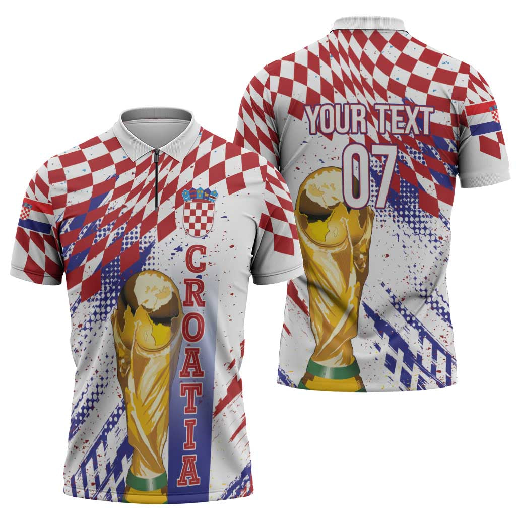 Croatia Football Custom WC2026 White Zipper Polo Shirt Hrvatska Grunge Checkerboard - Wonder Print Shop