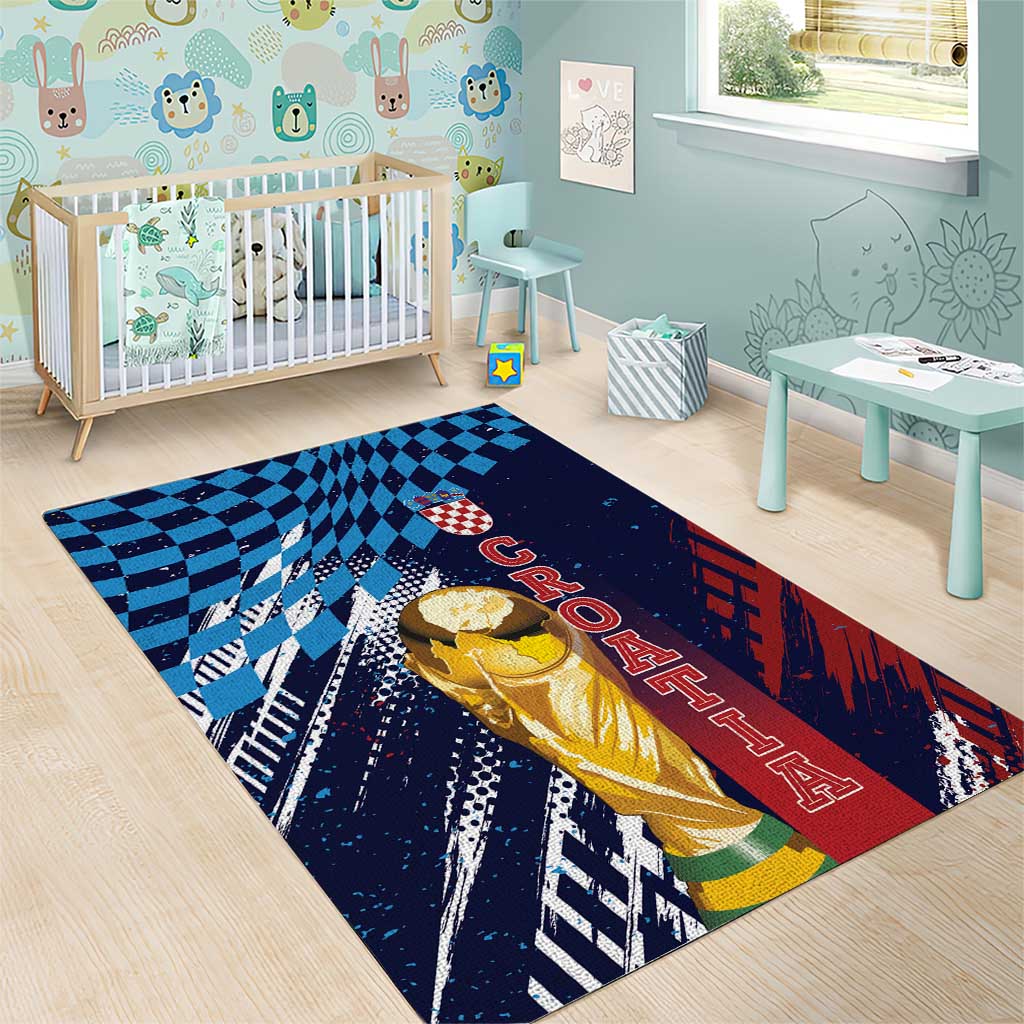 Croatia Football WC2026 Blue Area Rug Hrvatska Grunge Checkerboard - Wonder Print Shop