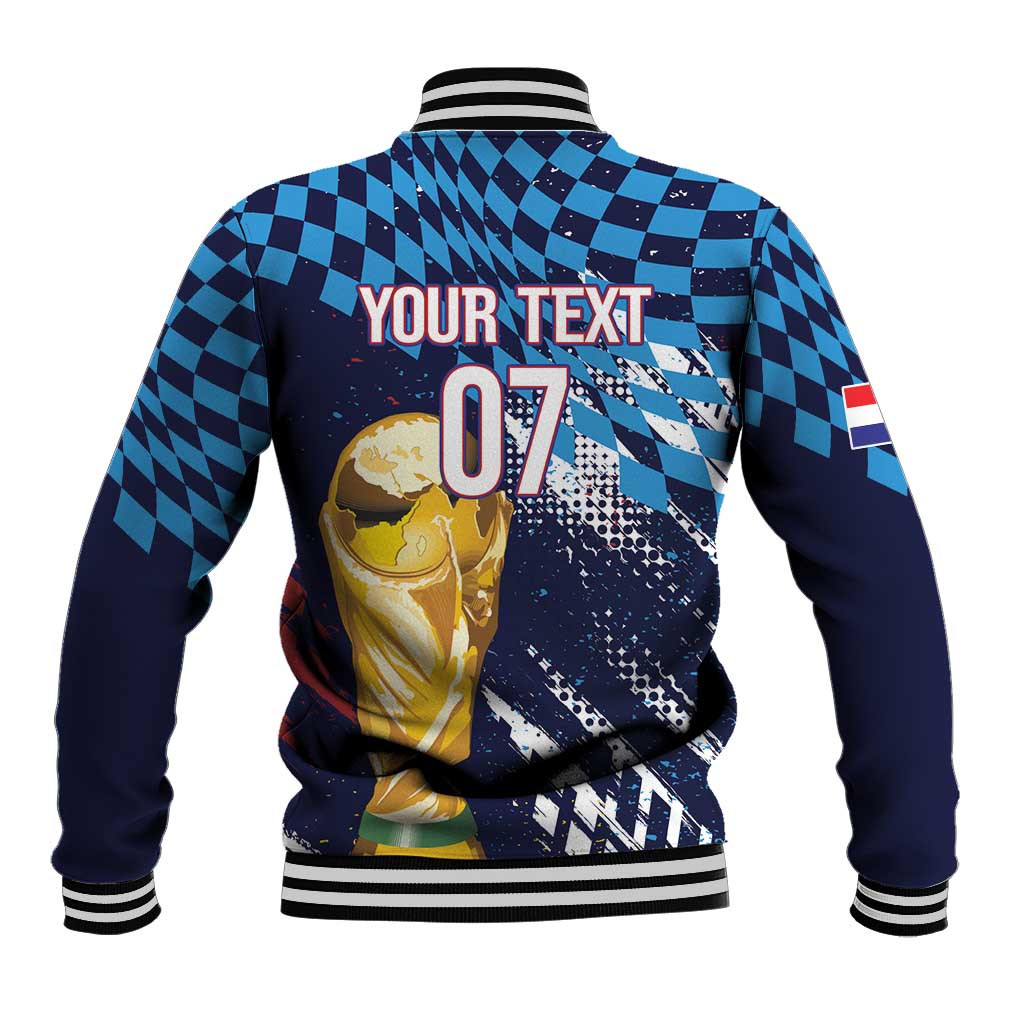 Croatia Football Custom WC2026 Blue Baseball Jacket Hrvatska Grunge Checkerboard - Wonder Print Shop