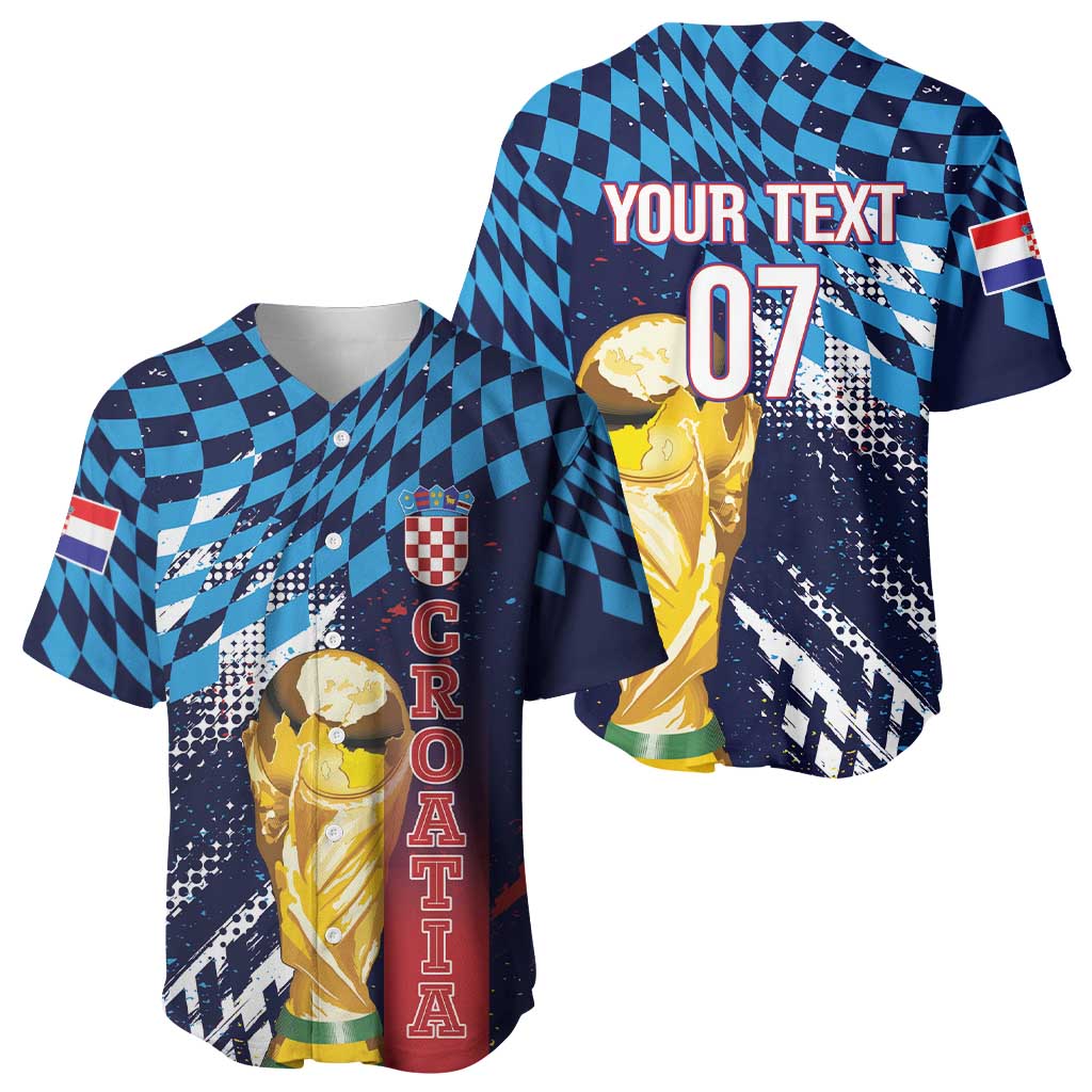 Croatia Football Custom WC2026 Blue Baseball Jersey Hrvatska Grunge Checkerboard - Wonder Print Shop