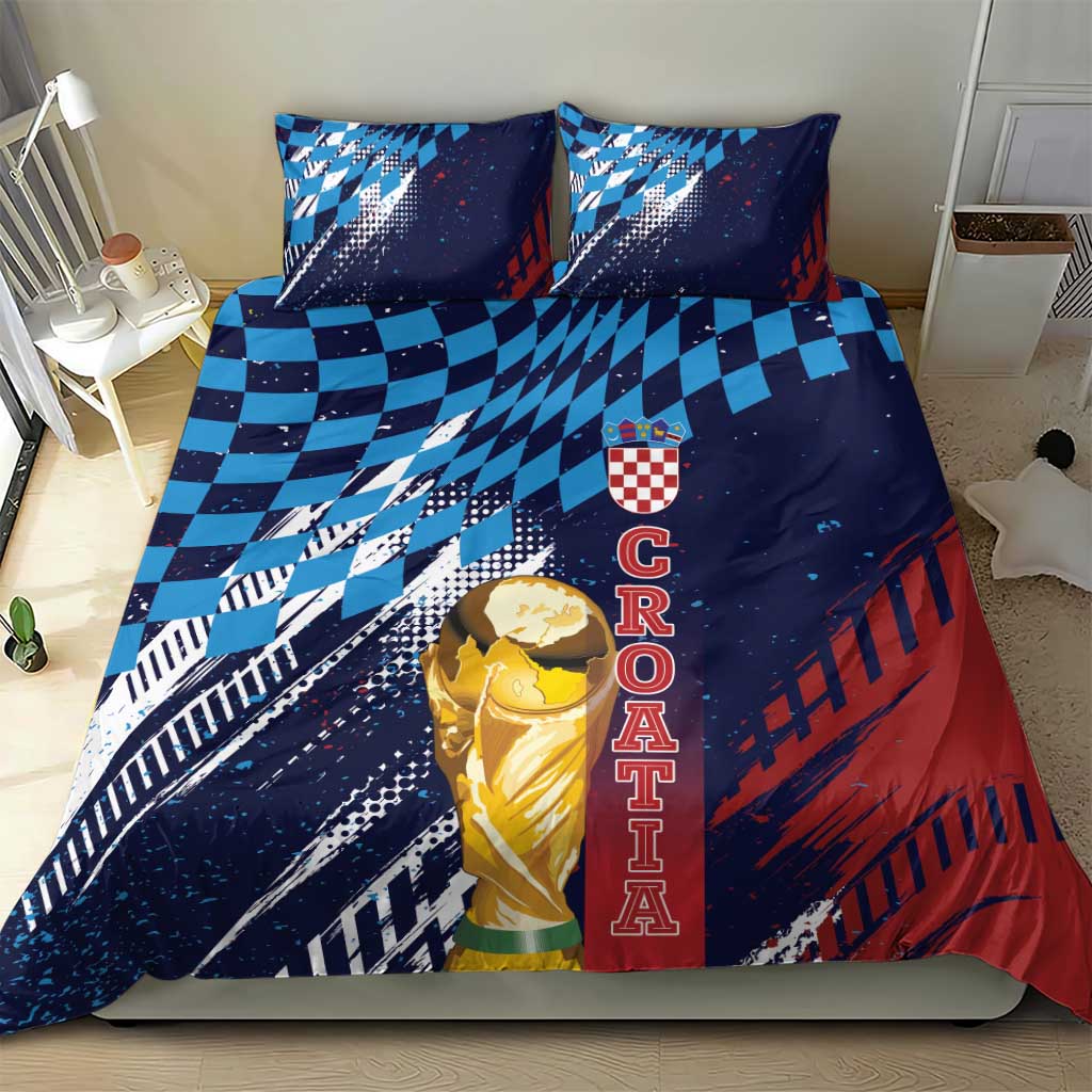 Croatia Football WC2026 Blue Bedding Set Hrvatska Grunge Checkerboard - Wonder Print Shop