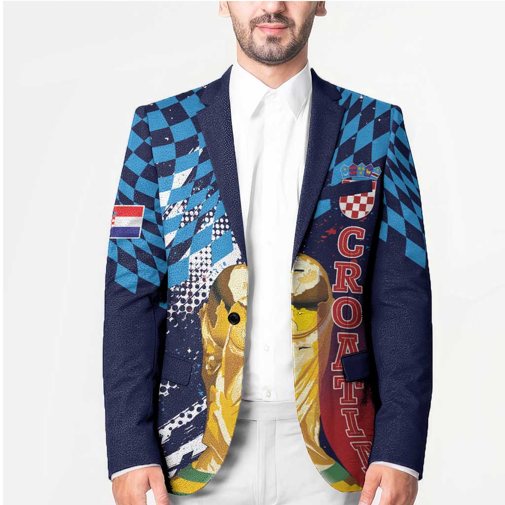 Croatia Football Custom WC2026 Blue Blazer Hrvatska Grunge Checkerboard - Wonder Print Shop