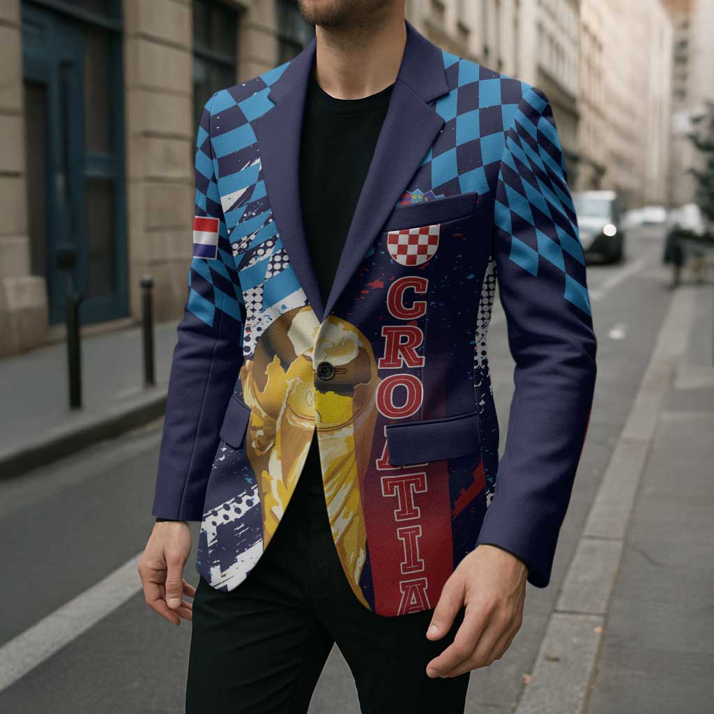 Croatia Football Custom WC2026 Blue Blazer Hrvatska Grunge Checkerboard - Wonder Print Shop