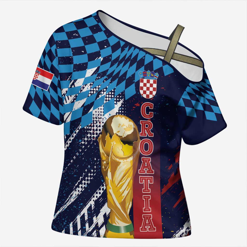 Croatia Football Custom WC2026 Blue Cross Shoulder Shirt Hrvatska Grunge Checkerboard - Wonder Print Shop