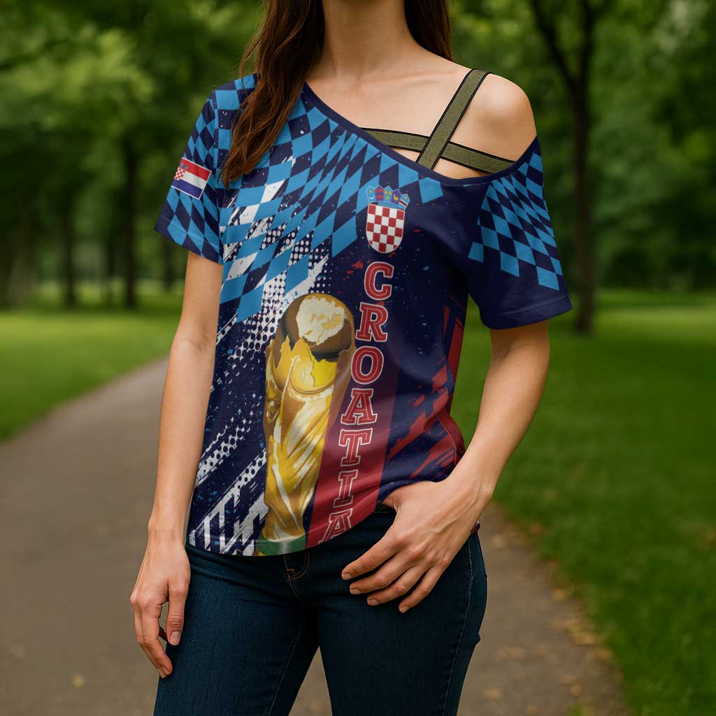 Croatia Football Custom WC2026 Blue Cross Shoulder Shirt Hrvatska Grunge Checkerboard - Wonder Print Shop