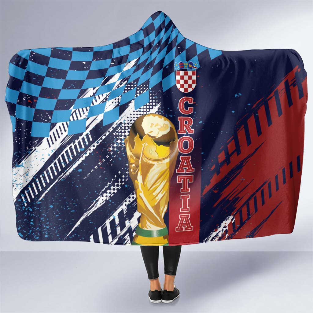 Croatia Football WC2026 Blue Hooded Blanket Hrvatska Grunge Checkerboard - Wonder Print Shop
