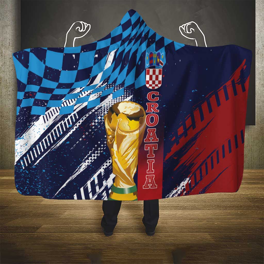 Croatia Football WC2026 Blue Hooded Blanket Hrvatska Grunge Checkerboard - Wonder Print Shop