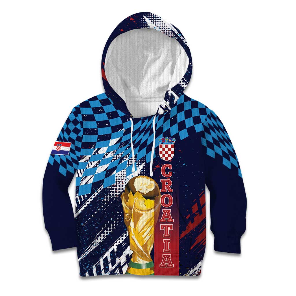 Croatia Football Custom WC2026 Blue Kid Hoodie Hrvatska Grunge Checkerboard - Wonder Print Shop
