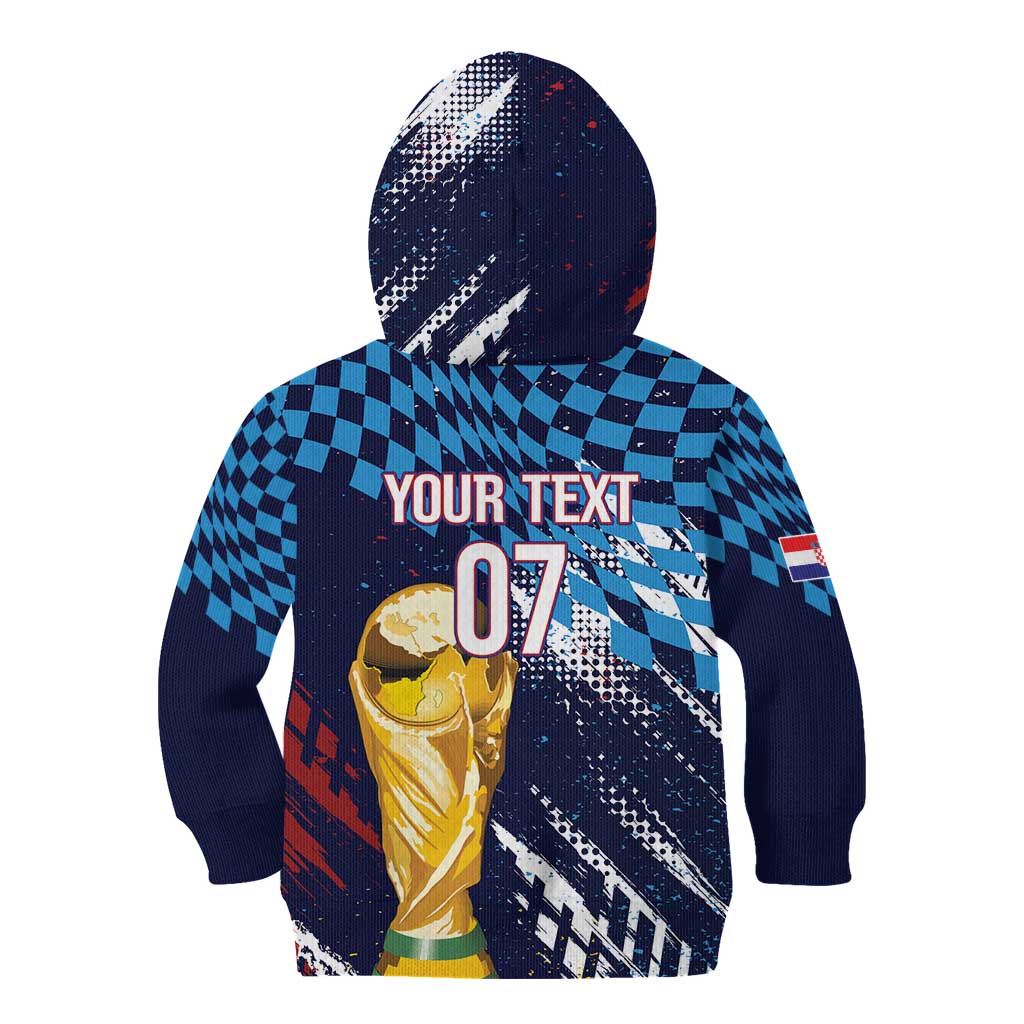 Croatia Football Custom WC2026 Blue Kid Hoodie Hrvatska Grunge Checkerboard - Wonder Print Shop