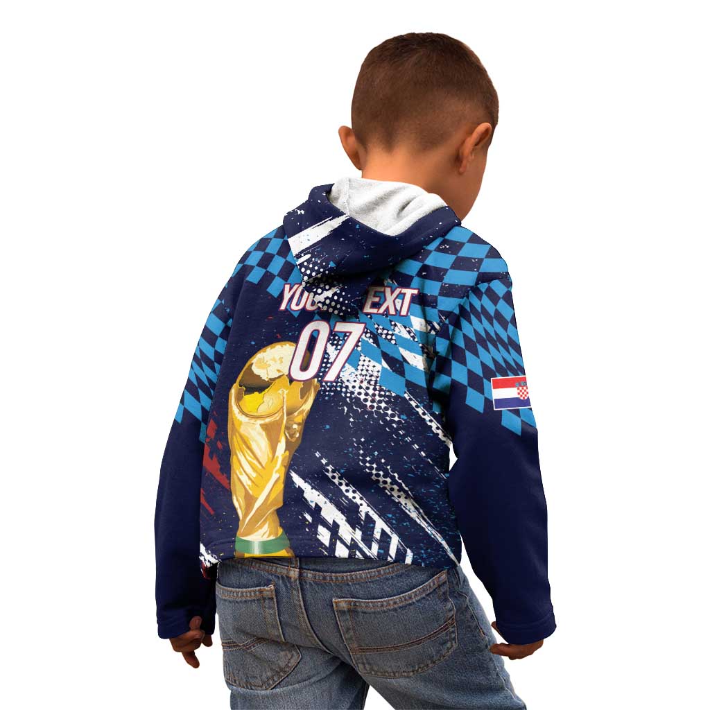 Croatia Football Custom WC2026 Blue Kid Hoodie Hrvatska Grunge Checkerboard - Wonder Print Shop