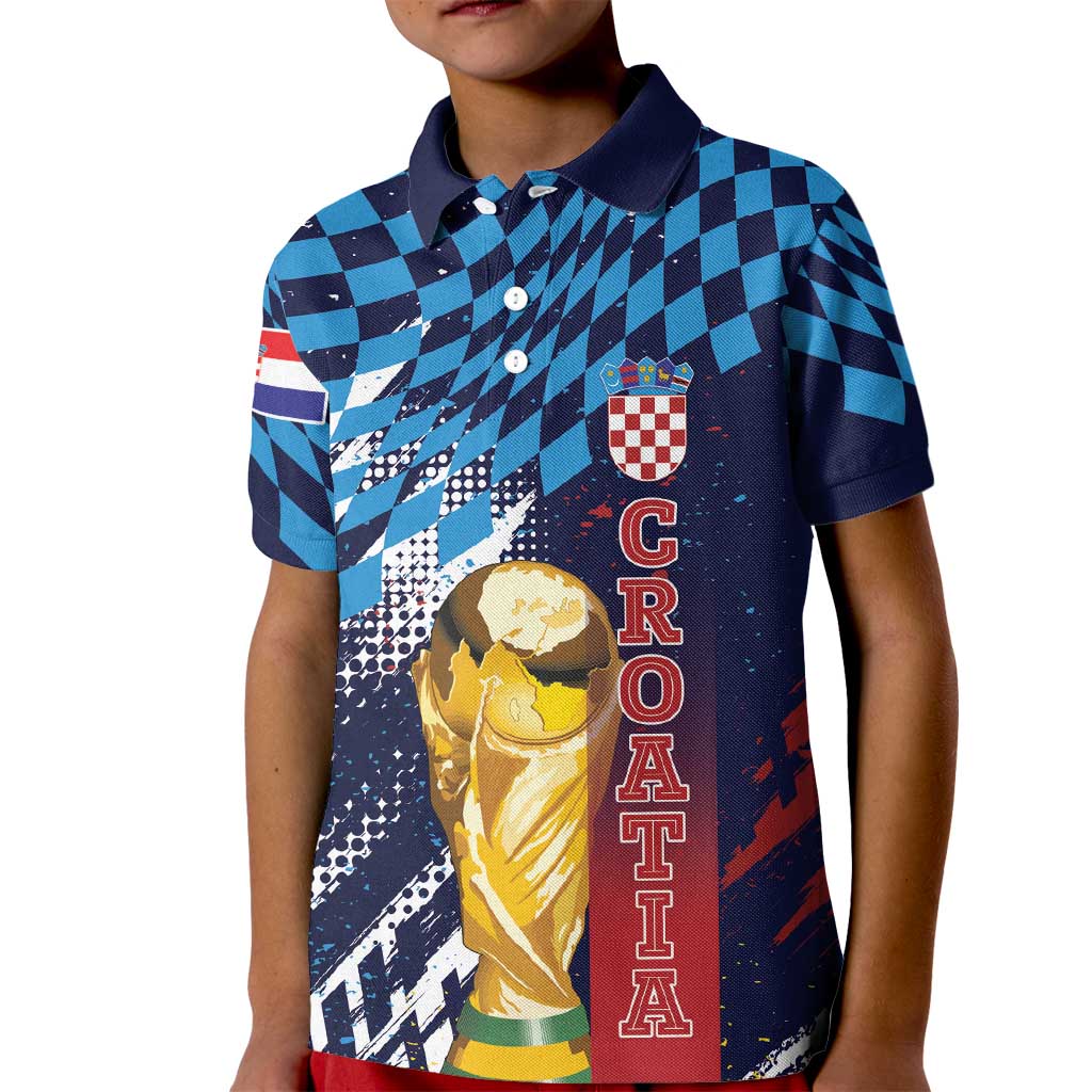 Croatia Football Custom WC2026 Blue Kid Polo Shirt Hrvatska Grunge Checkerboard - Wonder Print Shop