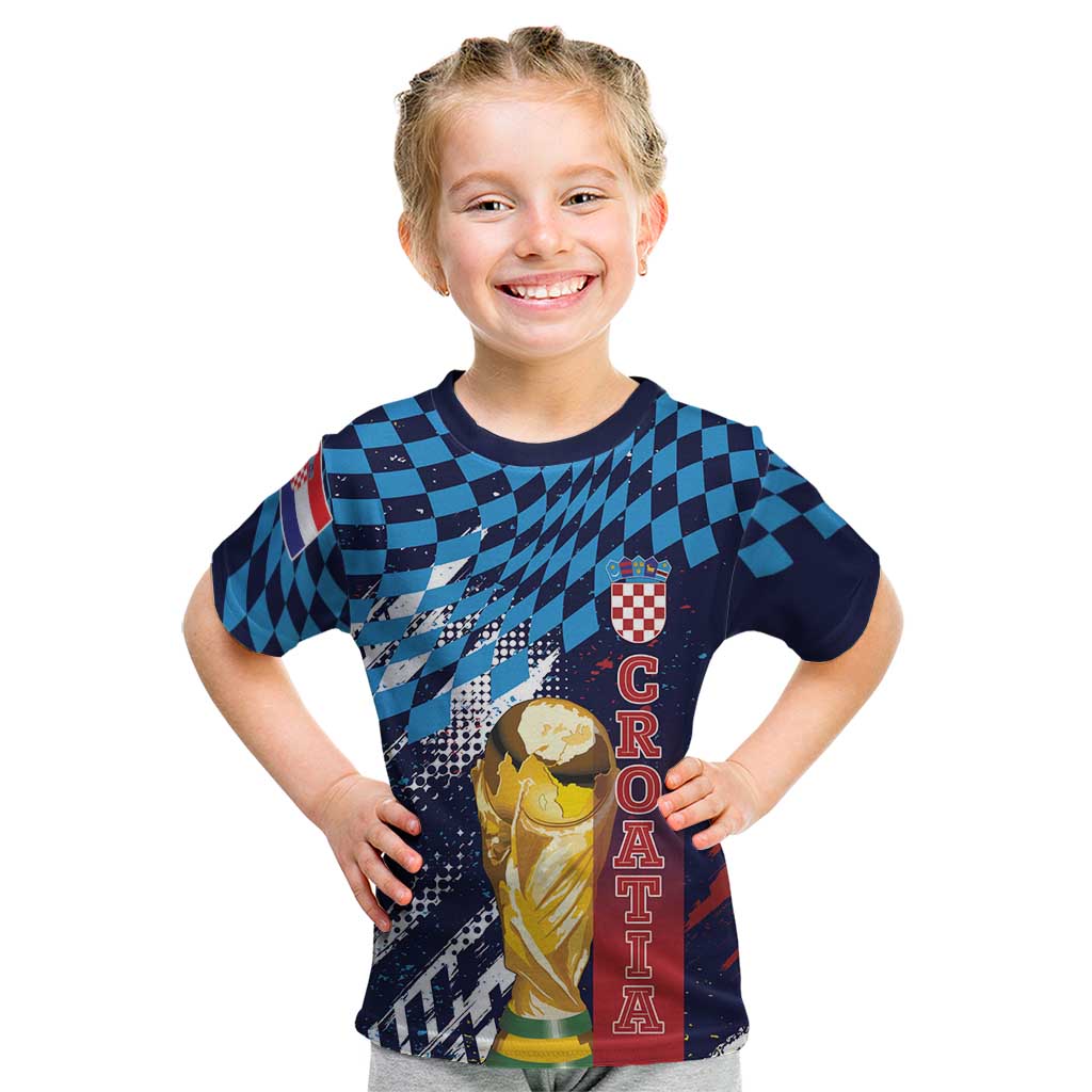 Croatia Football Custom WC2026 Blue Kid T Shirt Hrvatska Grunge Checkerboard - Wonder Print Shop