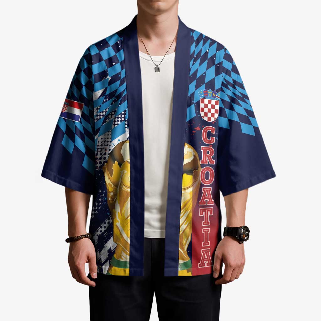Croatia Football Custom WC2026 Blue Kimono Hrvatska Grunge Checkerboard - Wonder Print Shop