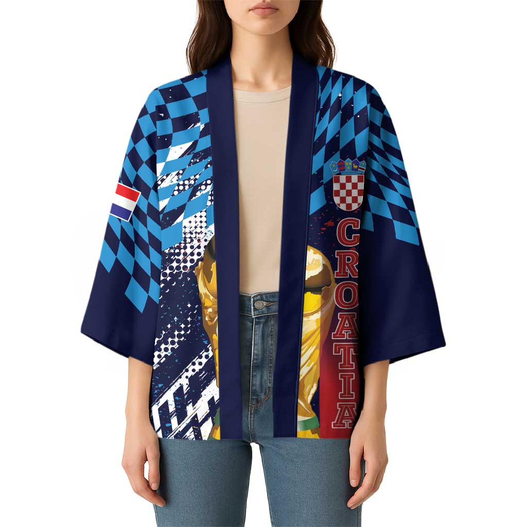 Croatia Football Custom WC2026 Blue Kimono Hrvatska Grunge Checkerboard - Wonder Print Shop